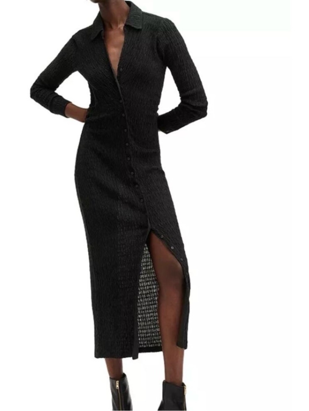 AllSaints Black Bodycon Connie Long Sleeve Ribbed Button-Front Collar Midi Dress - Picture 5 of 10